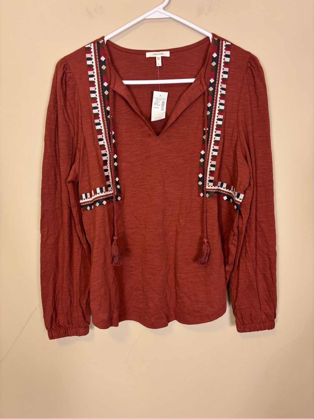 New Maurices Red Rust Embroidered Peasant Blouse Long Sleeve Top Large